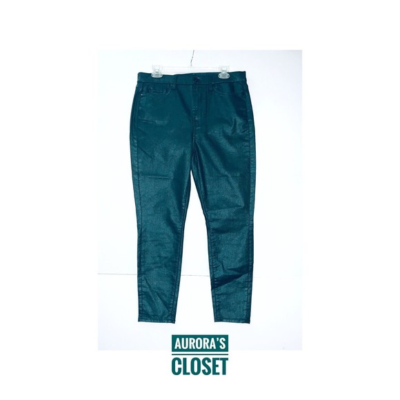 7 for All 31 Green Metallic Skinny Jeans Gwenevere Emerald Green Wax NWT $200 - Picture 2 of 5